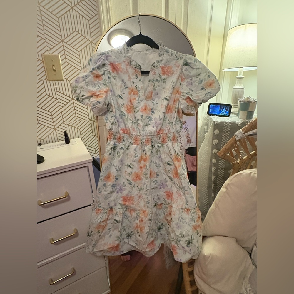 Beige Floral Print Shirred High Waist Puff Sleeve Mini Dress - Picture 8 of 9